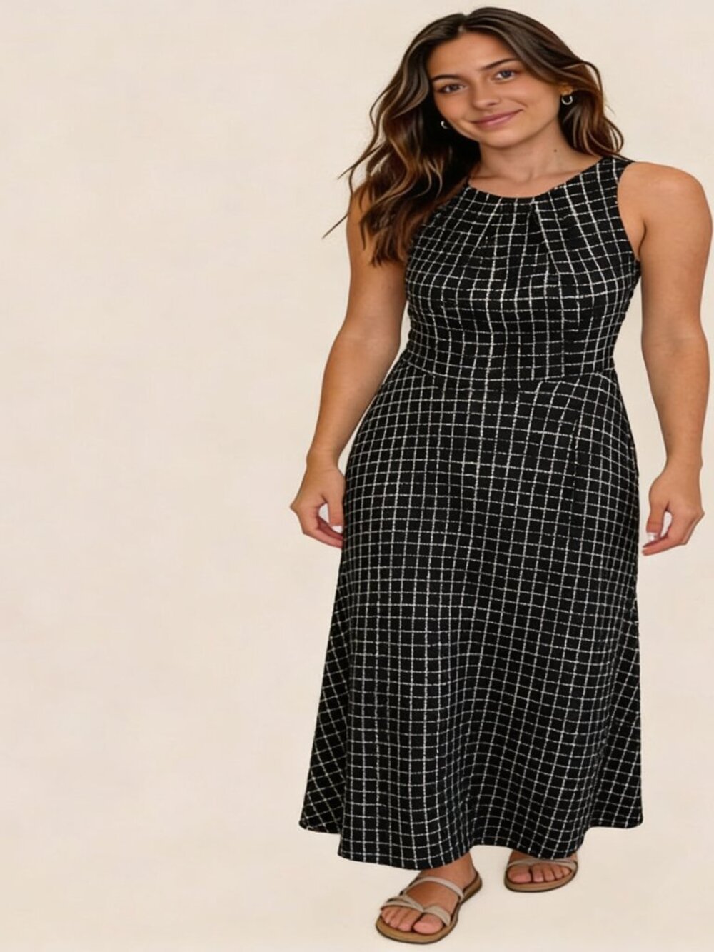 Nicely used: Brand: ELLE, Black and White Checkered Midi Dress